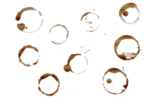 different coffee stains isolated transparency background.