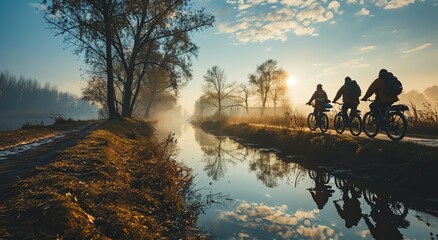 Three people riding mountain bikes on the lake at sunrise. Concept of environmentalism, sport, closeness with nature.
