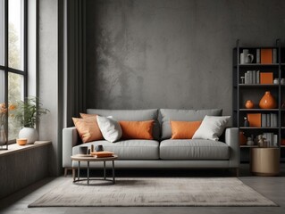 Grey sofa with orange and white pillows against concrete wall with shelving unit. Scandinavian home