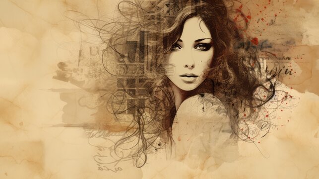Fear emotions of the female mood represented in grunge style on a beige background with space for text and graphics © Marco