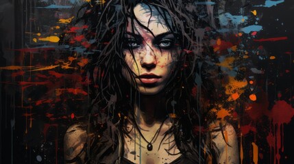 Fear emotions of the female mood represented in grunge style on a black background with space for text and graphics