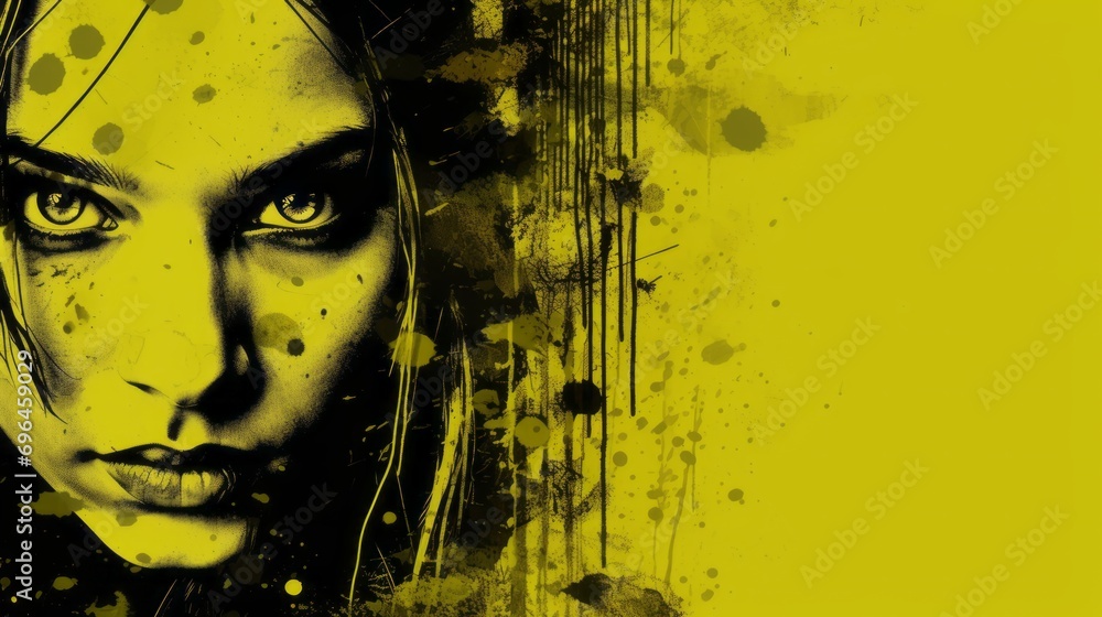 Poster fear emotions of the female mood represented in grunge style on a yellow background with space for t