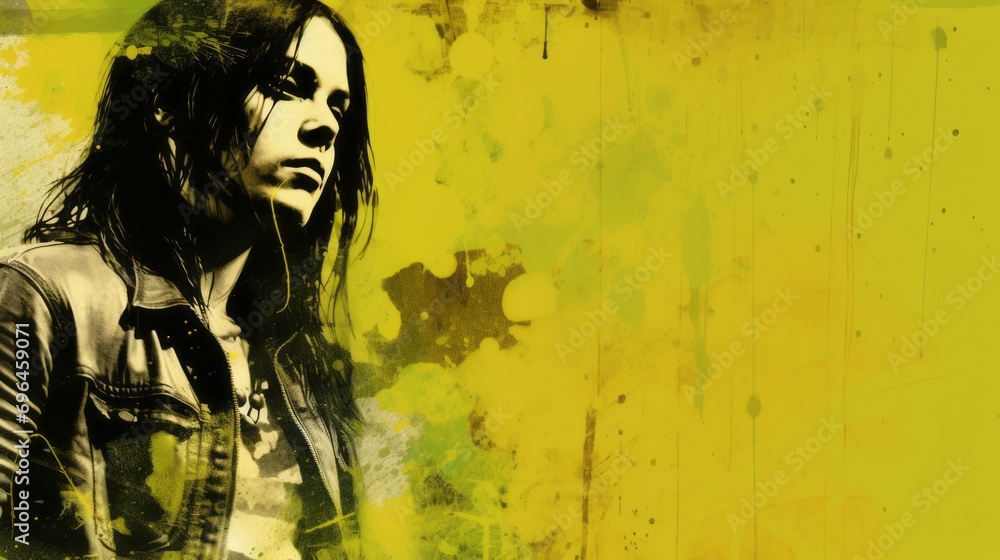 Poster fear emotions of the female mood represented in grunge style on a yellow background with space for t