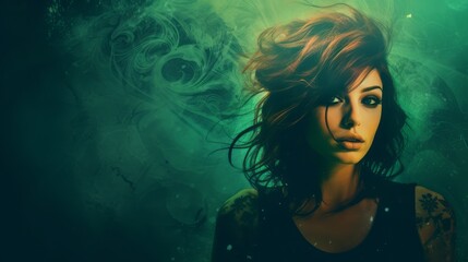 Fear emotions of the female mood represented in grunge style on a emerald background with space for text and graphics