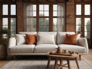Close up of fabric sofa with white and terra cotta pillows. French country home interior - obrazy, fototapety, plakaty