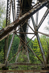 Steel supports undergird the historic Salt Creek railroad trestle on the Cascade Subdivision near Oakridge in Oregon, USA