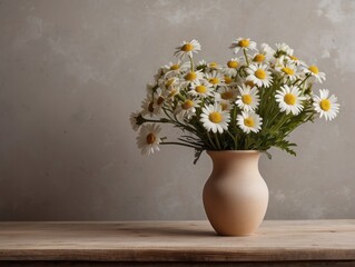 Wooden table with beige clay vase with bouquet of chamomile flowers near empty