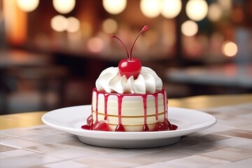 small gourmet cake with cream and cherry on top on a plate in a restaurant. Appetizing dessert in a pastry shop - obrazy, fototapety, plakaty