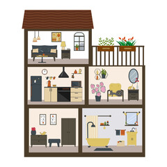 Doll house in section. Vector flat illustration with outline. Entrance hall, bedroom and living room, bathroom and kitchen. For covers and brochures, games for kids, advertising flyers, posters