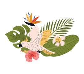 Naklejka premium Flying cockadu tropical bird among flowers and leaves flat style