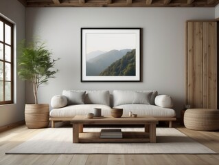 Square coffee table near white sofa and rustic cabinets against white wall with blank poster frames