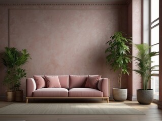Pink velvet loveseat sofa, wooden cabinet and potted houseplant against venetian stucco wall