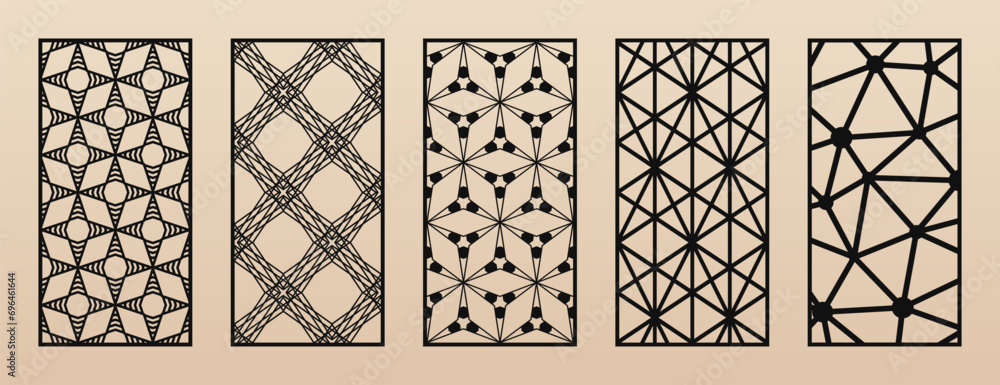 Poster laser cut, cnc cutting patterns vector set. abstract geometric ornaments with thin lines, grid, latt