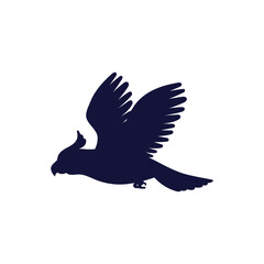 Blue silhouette of flying cockatoo side view flat style, vector illustration