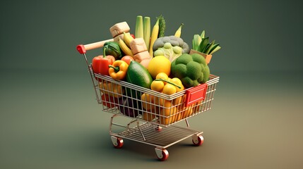 Simple 3D Render Shopping Cart Filled with Groceries, Grocery Shopping, Online Shopping, Consumerism