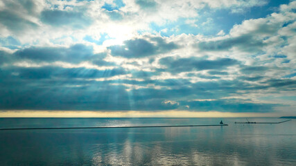 Aerial Tranquil Seascape with Crepuscular Rays, Lake Michigan