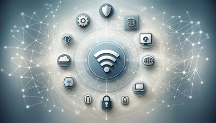 Met en vedette des icônes représentant le Wi-Fi, un bouclier, la sécurité, un PC et des nuages, symbolisant différents aspects de la cybersécurité et de la technologie