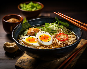  Japanese ramen with meat, eggs and green on a plate.