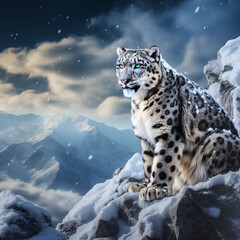 leopardo das neves fazendo posse lendária  no topo de uma montanha de neve com os céus ao fundo - Papel de parede no estilo colagem 