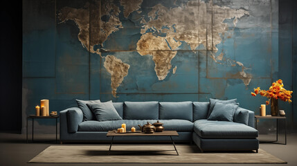 Sleek blue sectional sofa and world map wall art in a room with golden accents and candles. Generative AI.