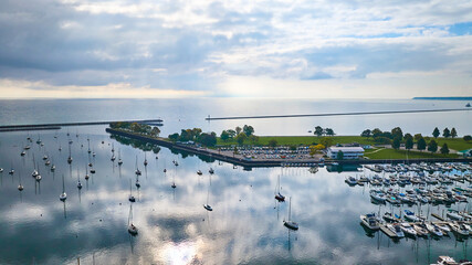 Aerial Serene Marina with Anchored Sailboats, Milwaukee Coast