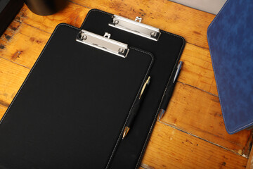 Colorful leather clipboard. Genuine leather clipboard, concept shot, top view, different color,...
