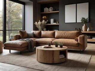 Round wood coffee table between brown leather chair and ottoman against sofa. Wall with floating shelves