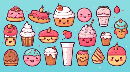 sweet pastries in kawaii style on turqouise background with apce for text