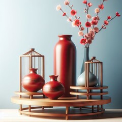 Wooden shelf  with red vase
