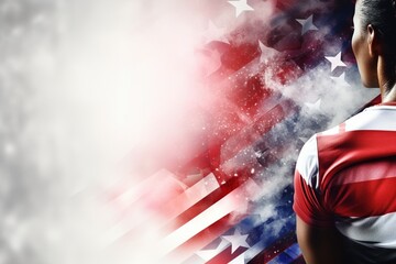 Patriotic Fitness Focus: Close-Up View of a Female Athlete Trainer with a Striking USA Flag Backdrop, Tailored for Dynamic Promotions.