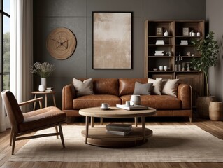 Round wood coffee table between brown leather chair and ottoman against sofa. Wall with floating shelves