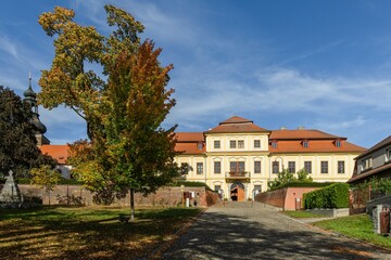 Fototapeta na wymiar Svojsin, Czech Republic - October 13 2023: Front view of the newly renovated castle, a yellow building with red roof, cobblestone paving, a church tower and a big tree. Sunny autumn day with blue sky.