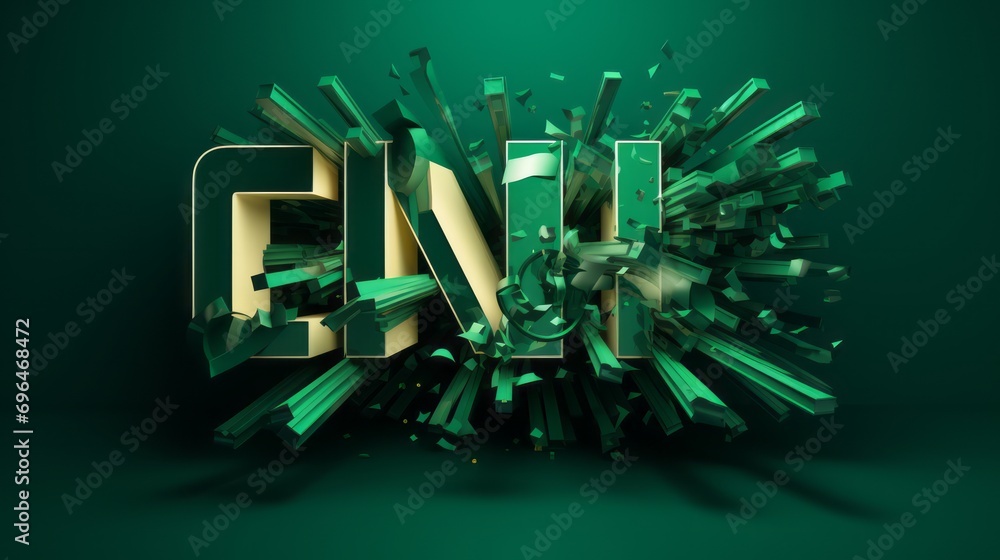 Poster emerald background with 3d letters, 3d geometric shapes, mechanical gears 3d and a 3d clock in kinet
