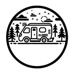 Camper van with mountains and forest round logo isolated