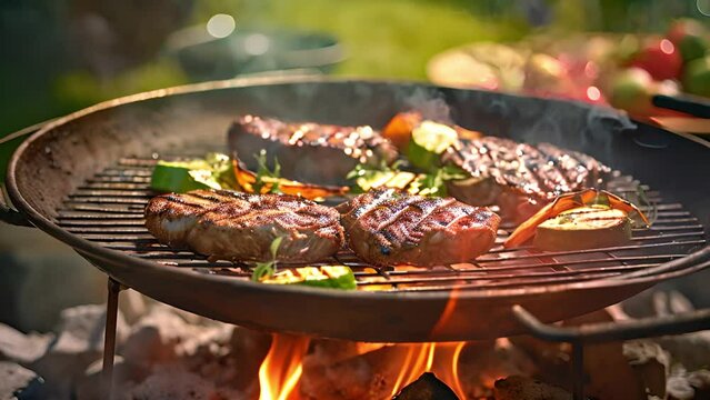 Meat on a BBQ in the garden. Summer eating having fun with friends. Assorted delicious grilled meat with vegetables over the coals on a barbecue fire burning and smoke moving delicious