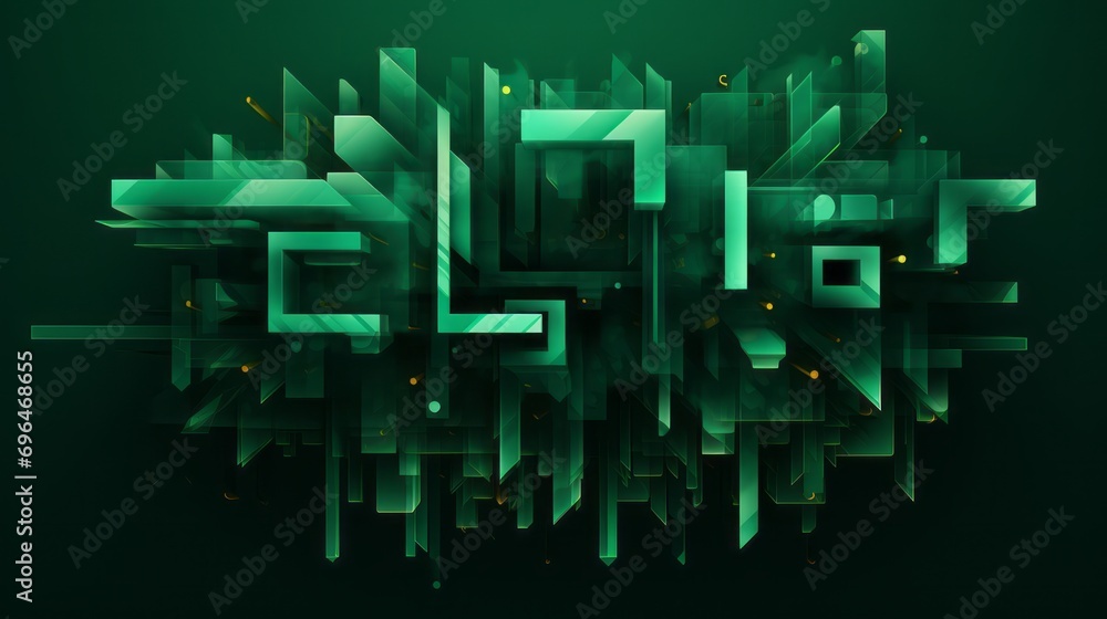 Poster emerald background with 3d letters, 3d geometric shapes, mechanical gears 3d and a 3d clock in kinet