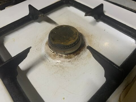 old, Gas stove head, white floor, black stand, kitchen, 