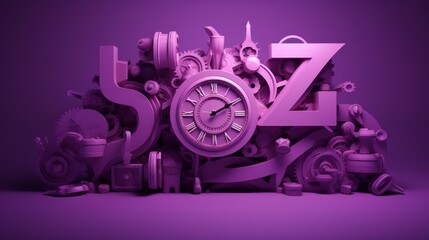 Purple clock surrounded by three-dimensional geometric figures on a purple background with space for text and custom graphics