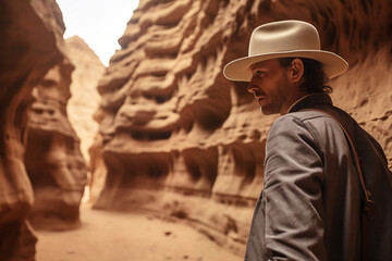 a man wearing hat standing in a rock canyon - Powered by Adobe