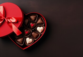 Heart shaped chocolates in a heart shaped box on dark chocolate background. - obrazy, fototapety, plakaty