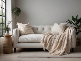 White sofa with fringed pillows and knitted blanket. Boho home interior design of modern living room