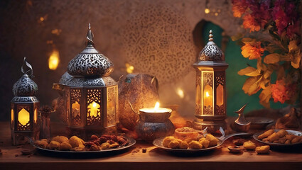 Photo colorful mosque and lantern with glowing evening light night in ramadan 3d illustration