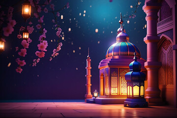 Photo colorful mosque and lantern with glowing evening light night in ramadan 3d illustration