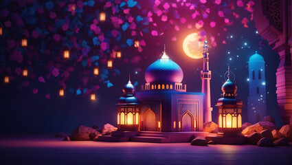 Photo colorful mosque and lantern with glowing evening light night in ramadan 3d illustration
