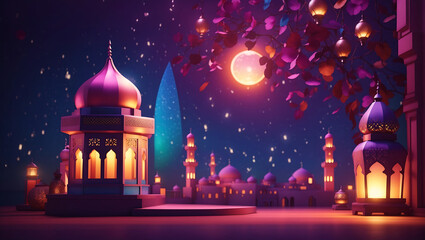 Photo colorful mosque and lantern with glowing evening light night in ramadan 3d illustration