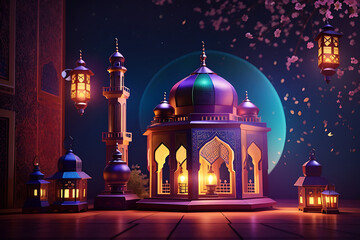 Photo colorful mosque and lantern with glowing evening light night in ramadan 3d illustration