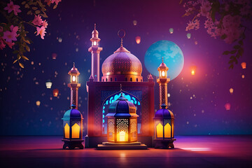 Photo colorful mosque and lantern with glowing evening light night in Ramadan 3d illustration