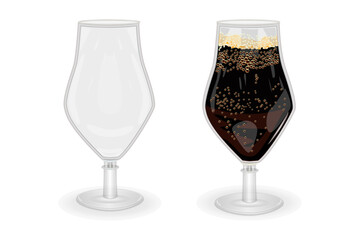 Beer glasses isolated on white background. Empty and full dark beer mug. Tall goblet with leg for ale. Clear blank and frothy porter drink stemware set. Patrick day or oktoberfest. Vector illustration