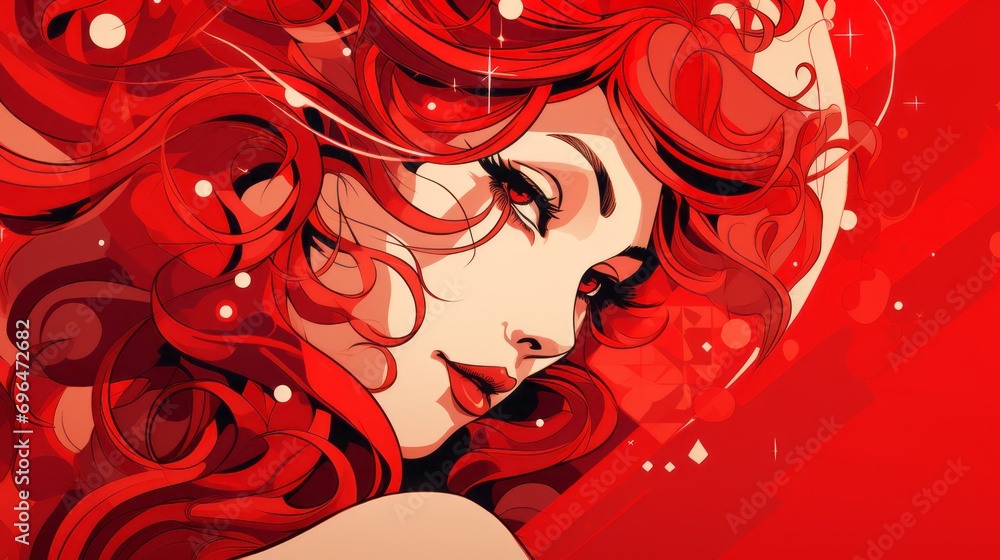 Poster woman's face in ine art style expressing sensuality, love, on a red background with space for text a
