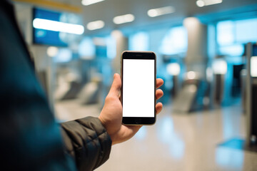Man holding phone with in airport terminal with white screen mock up, mockup